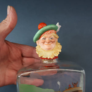 1930s NOVELTY Golfing Glass Decanter. Decorated with Hand-Painted Comical Golfing Illustration - and with Fabulous Scotsman's Head Stopper