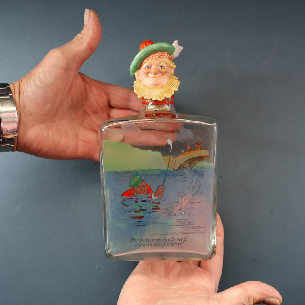 1930s NOVELTY Golfing Glass Decanter. Decorated with Hand-Painted Comical Golfing Illustration - and with Fabulous Scotsman's Head Stopper