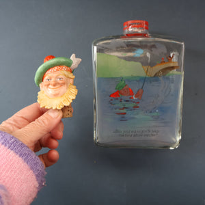 1930s NOVELTY Golfing Glass Decanter. Decorated with Hand-Painted Comical Golfing Illustration - and with Fabulous Scotsman's Head Stopper