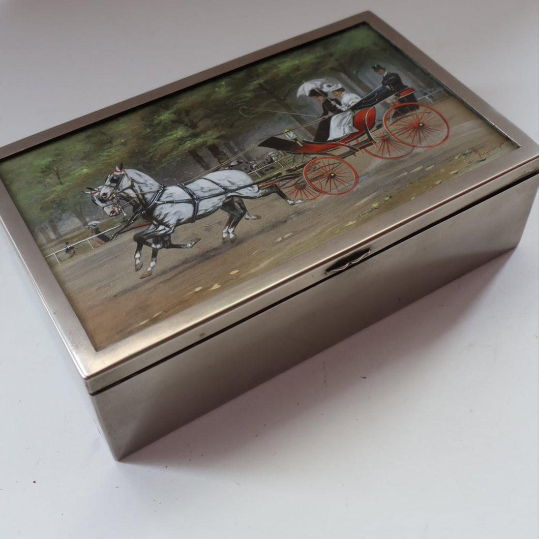 ANTIQUE Edwardian Silver Plate Cigar or Trinket Box - with hand embellised print by GEORGE WRIGHT. Carriage Image