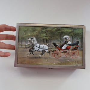 ANTIQUE Edwardian Silver Plate Cigar or Trinket Box - with hand embellised print by GEORGE WRIGHT. Carriage Image