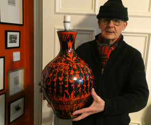 LARGE Vintage Italian Ceramic Table Lamp. Designed by Alvino BAGNI. Glossy Red and Black Finish