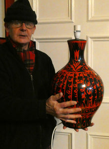 LARGE Vintage Italian Ceramic Table Lamp. Designed by Alvino BAGNI. Glossy Red and Black Finish