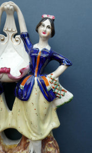 Antique Staffordshire Figurine. Pair of Scottish Lasses Dancing. Antique Ceramic Pocket Watch Holder