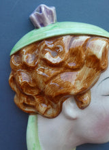 Load image into Gallery viewer, 1930s ART DECO Wall Mask by Cope &amp; Co. Art Deco Lady with Green Bonnet and Matching Green Jumper with Bow
