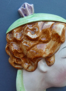 1930s ART DECO Wall Mask by Cope & Co. Art Deco Lady with Green Bonnet and Matching Green Jumper with Bow