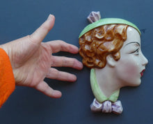 Load image into Gallery viewer, 1930s ART DECO Wall Mask by Cope &amp; Co. Art Deco Lady with Green Bonnet and Matching Green Jumper with Bow
