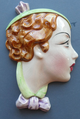 1930s ART DECO Wall Mask by Cope & Co. Art Deco Lady with Green Bonnet and Matching Green Jumper with Bow