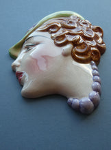 Load image into Gallery viewer, 1930s ART DECO Wall Mask by Cope &amp; Co. Art Deco Lady with Green Bonnet and Lilac Beads
