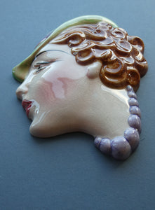 1930s ART DECO Wall Mask by Cope & Co. Art Deco Lady with Green Bonnet and Lilac Beads