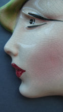 Load image into Gallery viewer, 1930s ART DECO Wall Mask by Cope &amp; Co. Art Deco Lady with Green Bonnet and Lilac Beads
