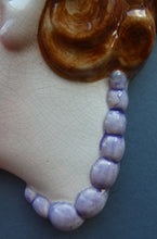 Load image into Gallery viewer, 1930s ART DECO Wall Mask by Cope &amp; Co. Art Deco Lady with Green Bonnet and Lilac Beads
