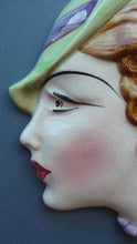 Load image into Gallery viewer, 1930s ART DECO Wall Mask by Cope &amp; Co. Art Deco Lady with Green Bonnet and Lilac Beads
