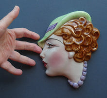 Load image into Gallery viewer, 1930s ART DECO Wall Mask by Cope &amp; Co. Art Deco Lady with Green Bonnet and Lilac Beads

