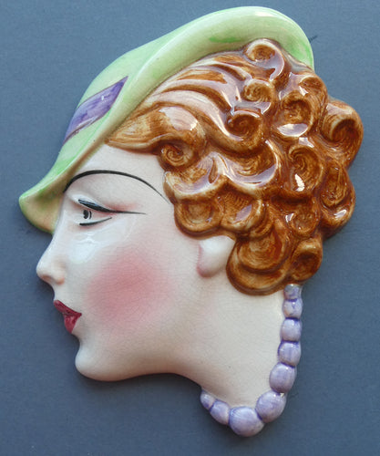 1930s ART DECO Wall Mask by Cope & Co. Art Deco Lady with Green Bonnet and Lilac Beads