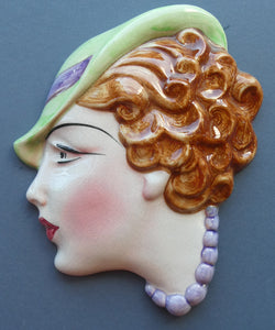 1930s ART DECO Wall Mask by Cope & Co. Art Deco Lady with Green Bonnet and Lilac Beads