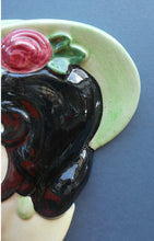 Load image into Gallery viewer, 1930s ART DECO Wall Mask by Cope &amp; Co. Art Deco Lady with Green Bonnet with Pink Flower. Black Hair
