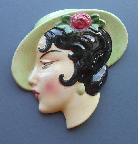 1930s ART DECO Wall Mask by Cope & Co. Art Deco Lady with Green Bonnet with Pink Flower. Black Hair