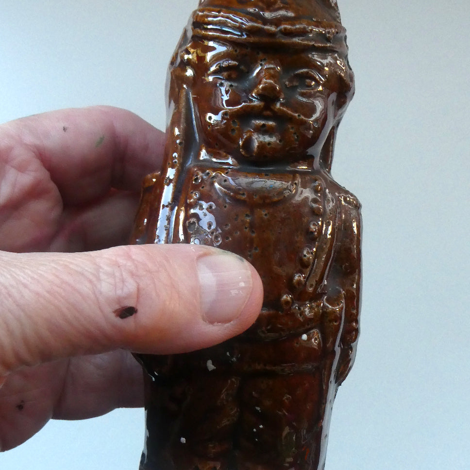 Antique Staffordshire / Scottish 19th Century Bank or Money Box with Treacle Glaze. In the form of a Little Double-Sided Man