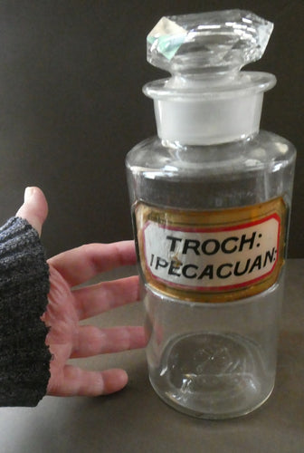 Large Antique Clear Glass Chemist Bottle. TROCH: IPECACUAN: with Original Foil Label and Ball Stopper