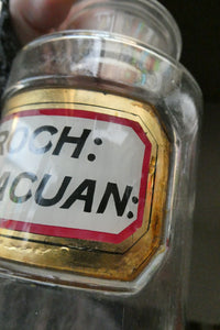 Large Antique Clear Glass Chemist Bottle. TROCH: IPECACUAN: with Original Foil Label and Ball Stopper