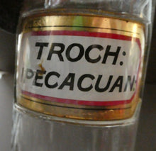 Load image into Gallery viewer, Large Antique Clear Glass Chemist Bottle. TROCH: IPECACUAN: with Original Foil Label and Ball Stopper
