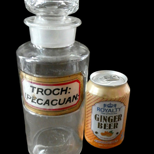 Large Antique Clear Glass Chemist Bottle. TROCH: IPECACUAN: with Original Foil Label and Ball Stopper