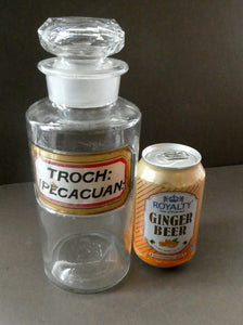 Large Antique Clear Glass Chemist Bottle. TROCH: IPECACUAN: with Original Foil Label and Ball Stopper