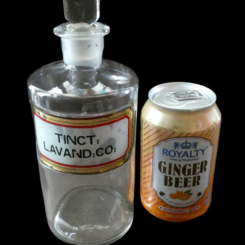 Larger Antique Clear Glass Chemist Bottle. TINCT: LOBEL: AETH with Original Foil Label and Lozenge Stopper