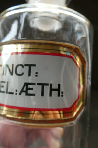 Larger Antique Clear Glass Chemist Bottle. TINCT: LOBEL: AETH with Original Foil Label and Lozenge Stopper