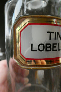 Larger Antique Clear Glass Chemist Bottle. TINCT: LOBEL: AETH with Original Foil Label and Lozenge Stopper