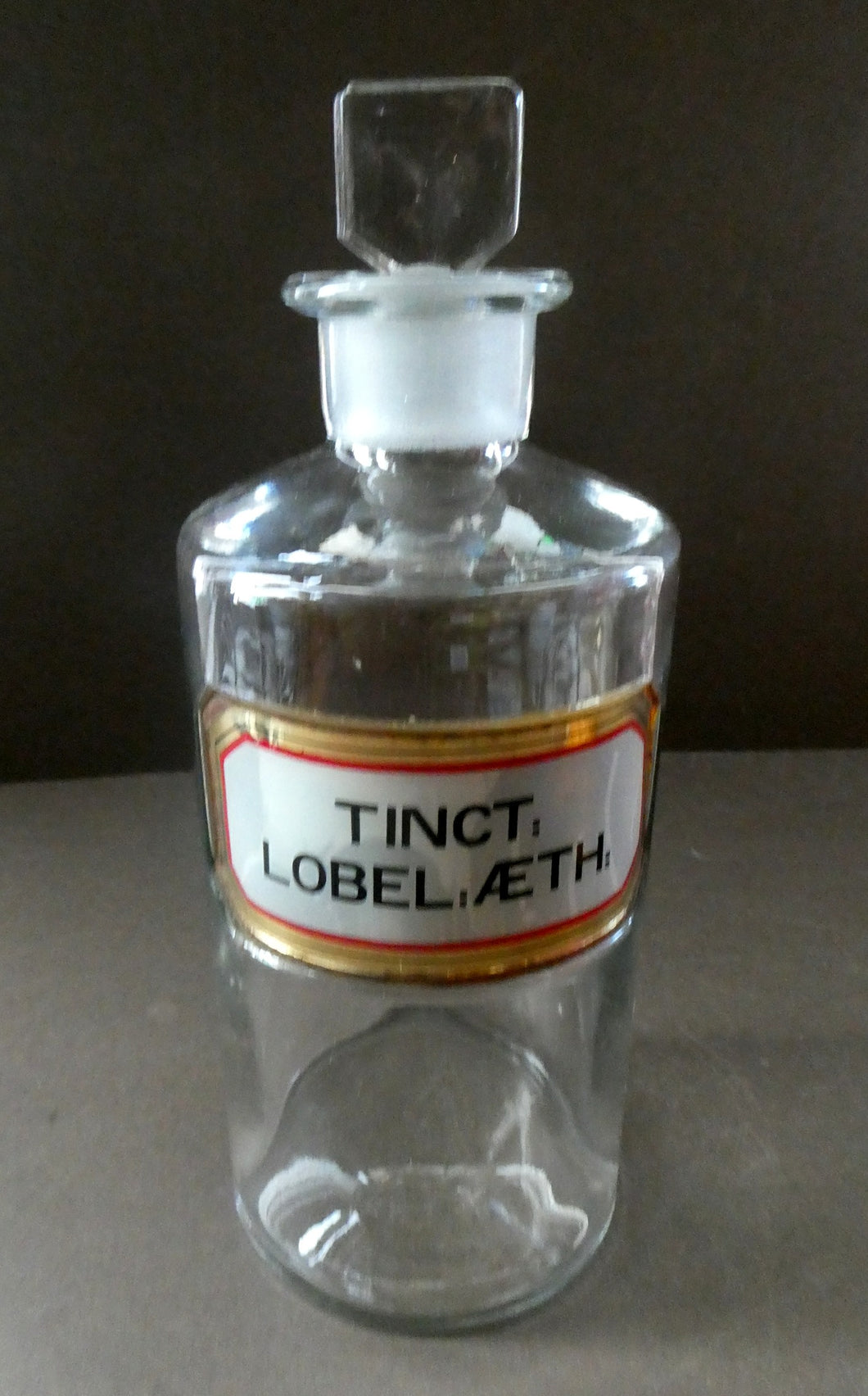 Larger Antique Clear Glass Chemist Bottle. TINCT: LOBEL: AETH with Original Foil Label and Lozenge Stopper