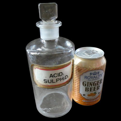 Antique Clear Glass Chemist Bottle. ACID: SULPH : D: with Original Foil Label and Lozenge Stoppe