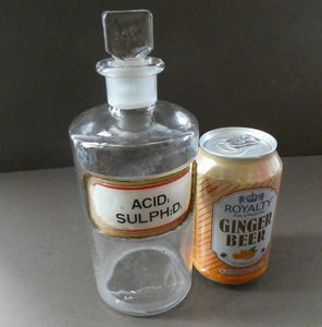 Antique Clear Glass Chemist Bottle. ACID: SULPH : D: with Original Foil Label and Lozenge Stoppe