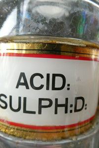 Antique Clear Glass Chemist Bottle. ACID: SULPH : D: with Original Foil Label and Lozenge Stoppe