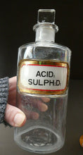 Load image into Gallery viewer, Antique Clear Glass Chemist Bottle. ACID: SULPH : D: with Original Foil Label and Lozenge Stoppe
