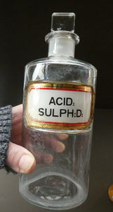 Antique Clear Glass Chemist Bottle. ACID: SULPH : D: with Original Foil Label and Lozenge Stoppe