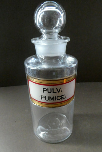 Large Antique Clear Glass Chemist Bottle. PULV: PUMICE: with Original Foil Label and Ball Stopper