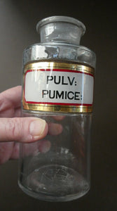 Large Antique Clear Glass Chemist Bottle. PULV: PUMICE: with Original Foil Label and Ball Stopper