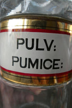 Load image into Gallery viewer, Large Antique Clear Glass Chemist Bottle. PULV: PUMICE: with Original Foil Label and Ball Stopper
