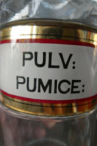 Large Antique Clear Glass Chemist Bottle. PULV: PUMICE: with Original Foil Label and Ball Stopper