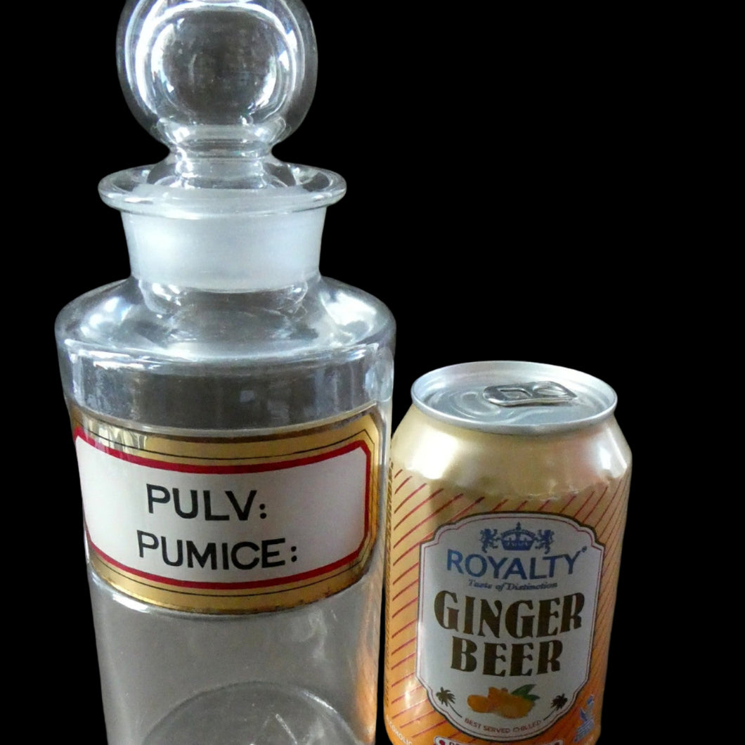 Large Antique Clear Glass Chemist Bottle. PULV: PUMICE: with Original Foil Label and Ball Stopper