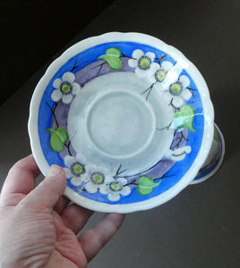 Vintage 1920s Hand Painted MAK MERRY: Cup and Saucer/ White Prunus on Blue