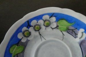 Vintage 1920s Hand Painted MAK MERRY: Cup and Saucer/ White Prunus on Blue