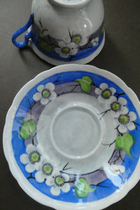 Vintage 1920s Hand Painted MAK MERRY: Cup and Saucer/ White Prunus on Blue