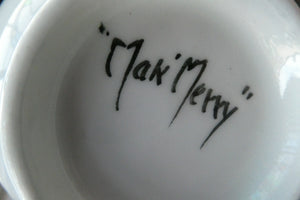 Vintage 1920s Hand Painted MAK MERRY: Cup and Saucer/ White Prunus on Blue