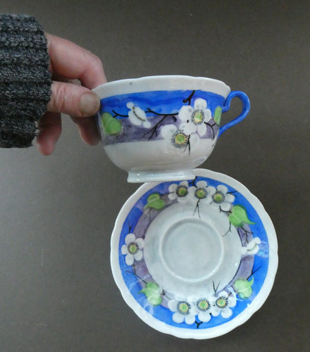 Vintage 1920s Hand Painted MAK MERRY: Cup and Saucer/ White Prunus on Blue