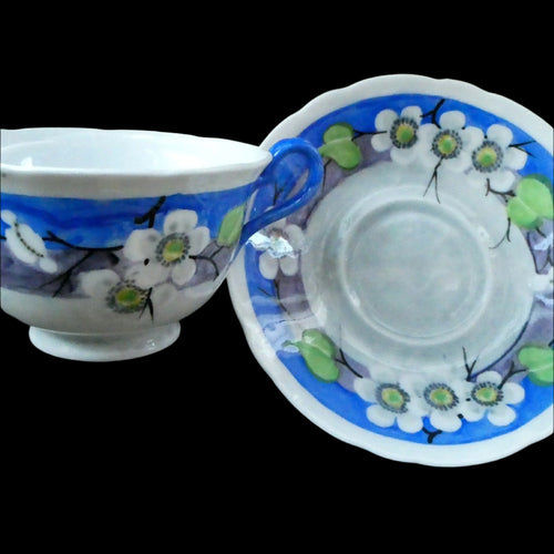 Vintage 1920s Hand Painted MAK MERRY: Cup and Saucer/ White Prunus on Blue