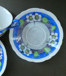 Vintage 1920s Hand Painted MAK MERRY Trio: Cup, Saucer and Side Plate. White Prunus on Blue
