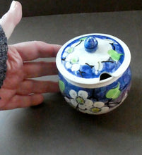 Load image into Gallery viewer, 1920s Mak Merry Hand-Painted LIDDED POT. Blue Background with Prunus Flowers
